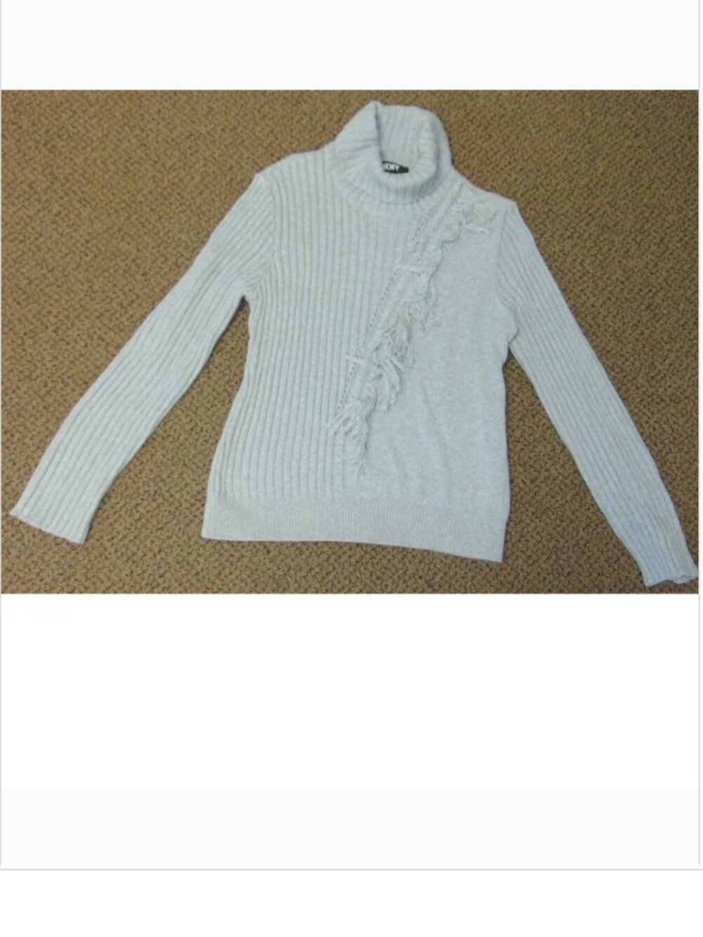 DKNY Sweater Womens L Gray Cable Knit Fringed Long Sleeve High Neck Top $99